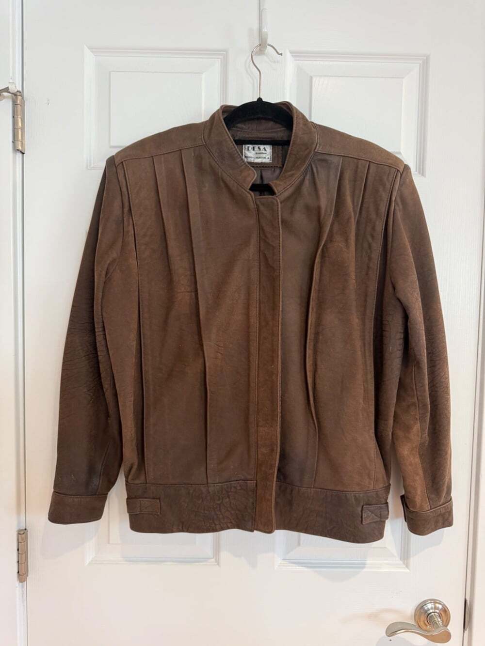 Vintage Desa Brown Leather Jacket Pleated Front Mock Neck Bomber Coat Size 14